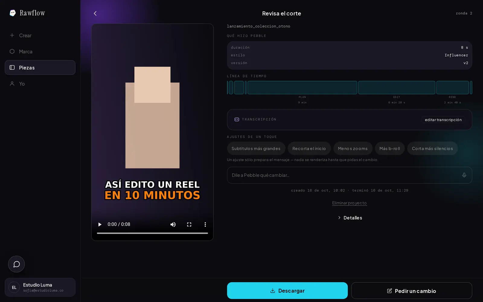 Rawflow, revisa el corte: reproductor 9:16 de ejemplo, estilo y ajustes.