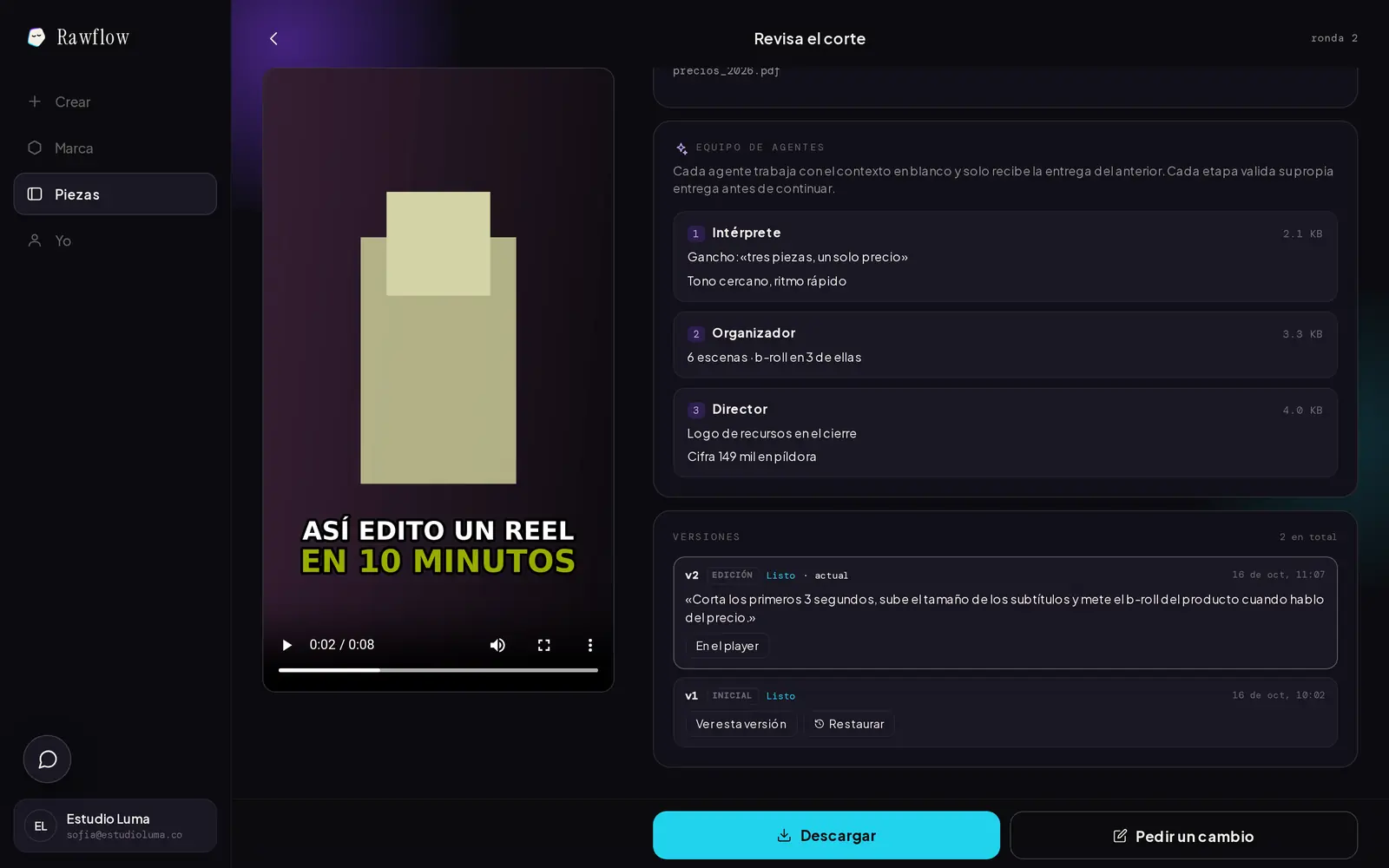 Rawflow, versiones: la v2 encima de la v1, con restaurar.
